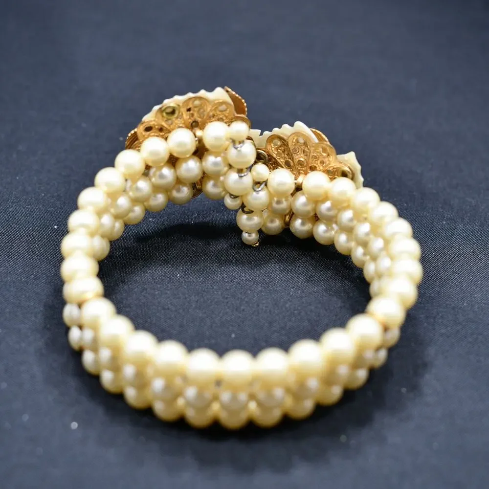Vintage Faux Pearl Memory Wire Bracelet, Hand Carved Leaves, 1960s